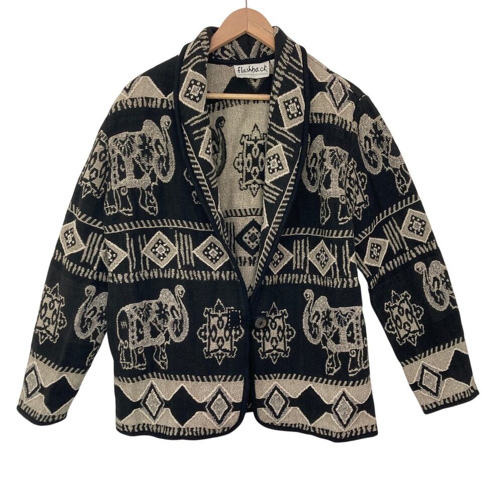 Flashback Retro Hippie Cotton Black Cream Elephant Blazer Cardigan Jacket Small
